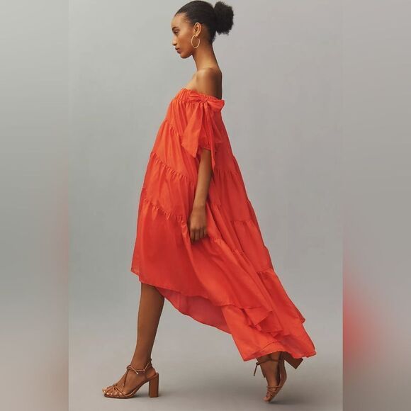By Anthropologie Off-The-Shoulder Tiered High-Low Midi Dress size XS NEW - Picture 4 of 14